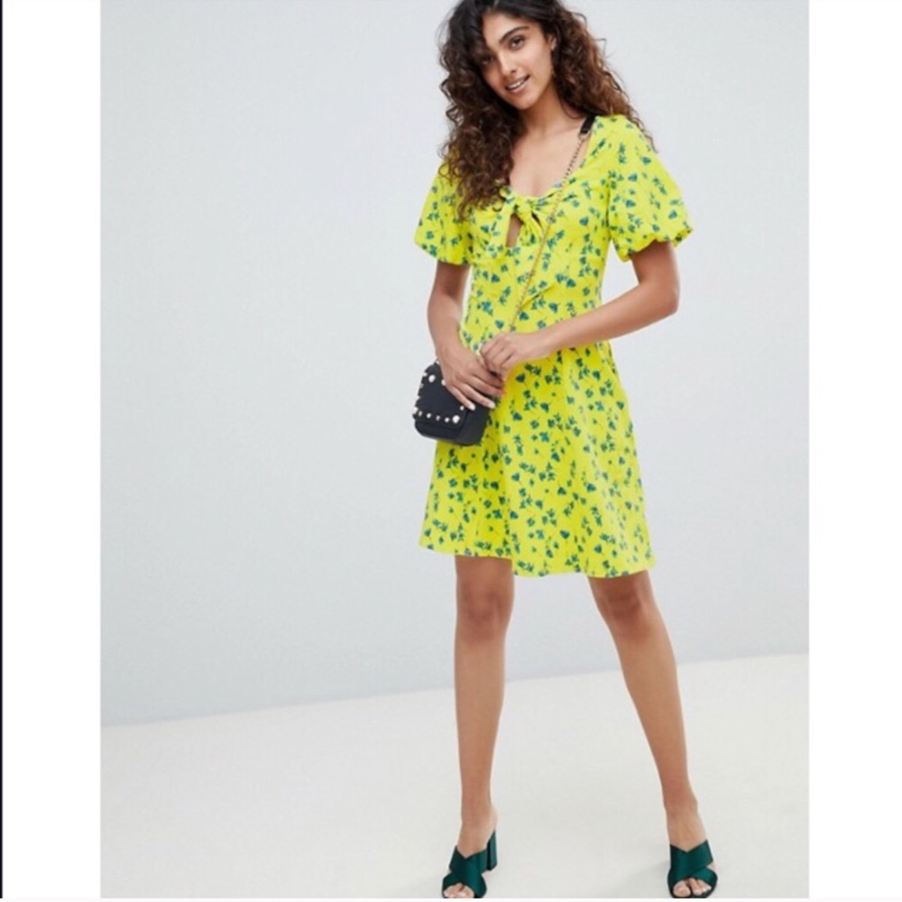 ASOS floral dress with tie, cutout, puff sleeve 14